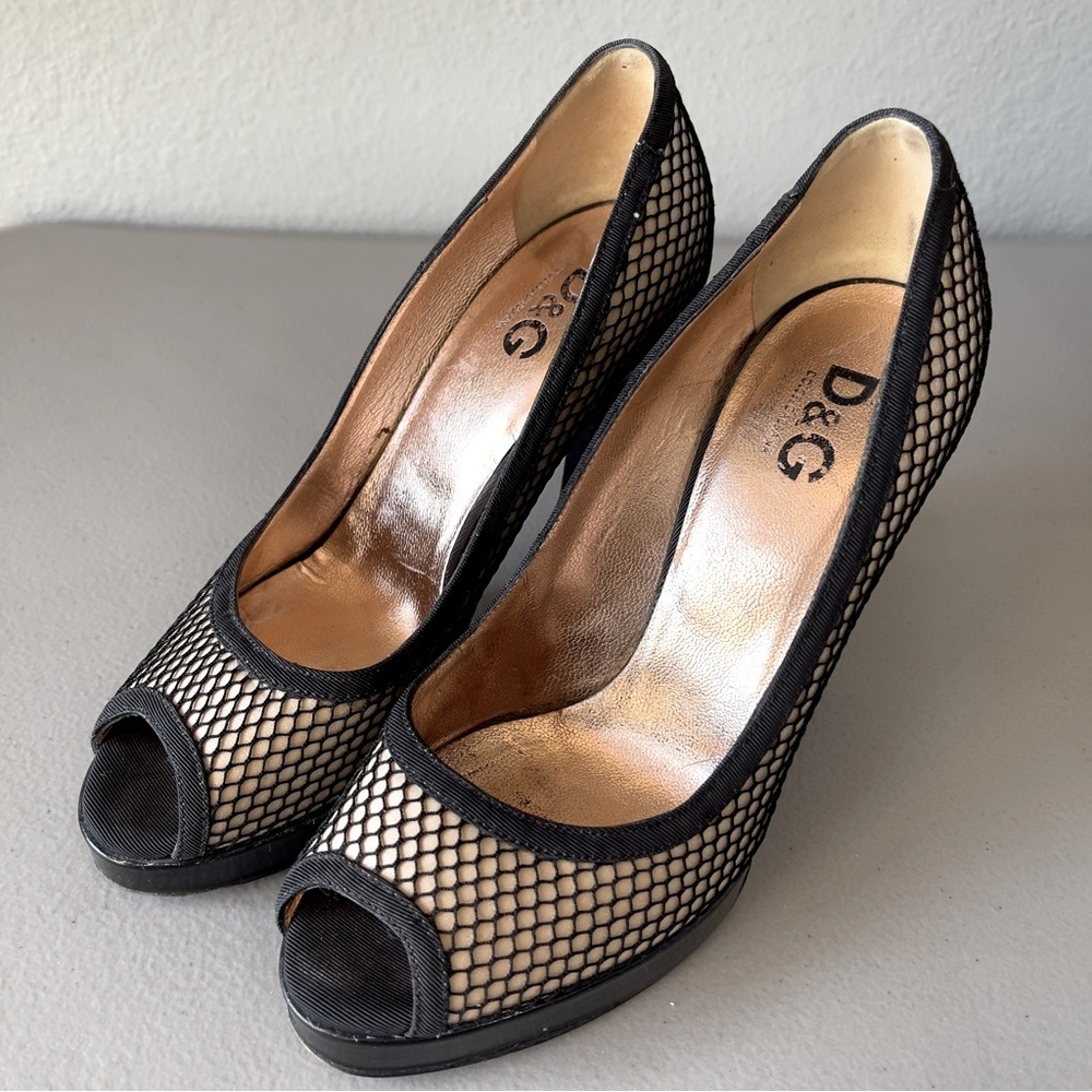 Dolce & Gabbana Black Leather Mesh Fishnet Canvas Peep Toe Platform Pumps EU37